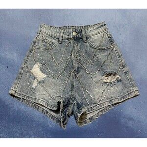 Windsor Silver Rhinestone Distressed Denim Shorts - Blue Wash S
